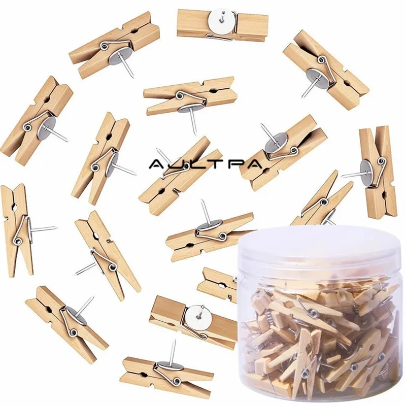 

300Sets Push Pins With Natural Wooden Clips Thumbtacks Pushpins Paper Clips Clothespins For Cork Board And Photo H4842