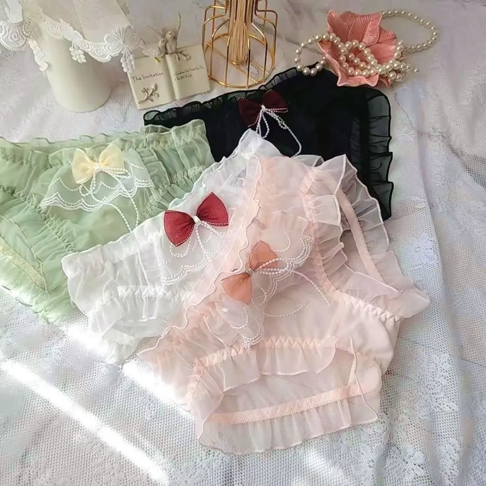 Cute Princess Womens Panties See Through Mesh Lingerie Bowknots Ruffle Briefs
