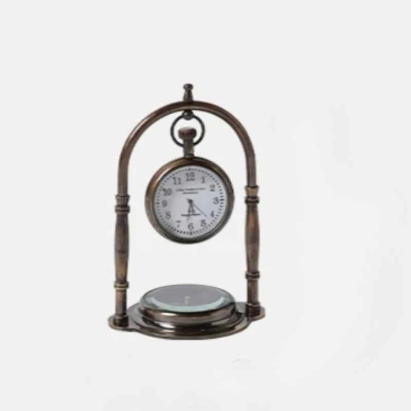 Living Room Desk, Imported Brass Vintage Style, Compass Pedestal Clock Stand, Clock Decoration, Desktop Entryway Ornament