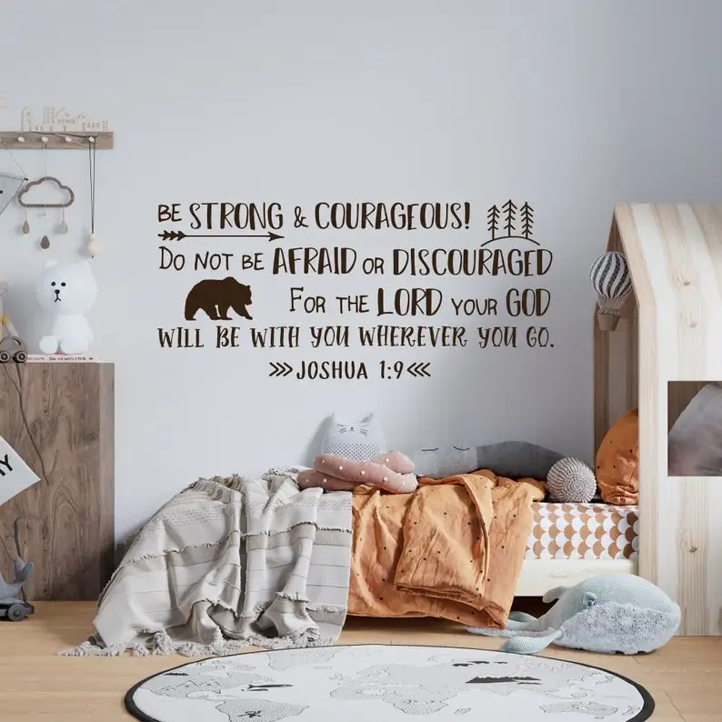 Chrisitan Joshua 1:9 Wall Stickers Bible Verse Be Strong and Courageous Explorer Forest Wall Decals Bedroom Playroom Decor