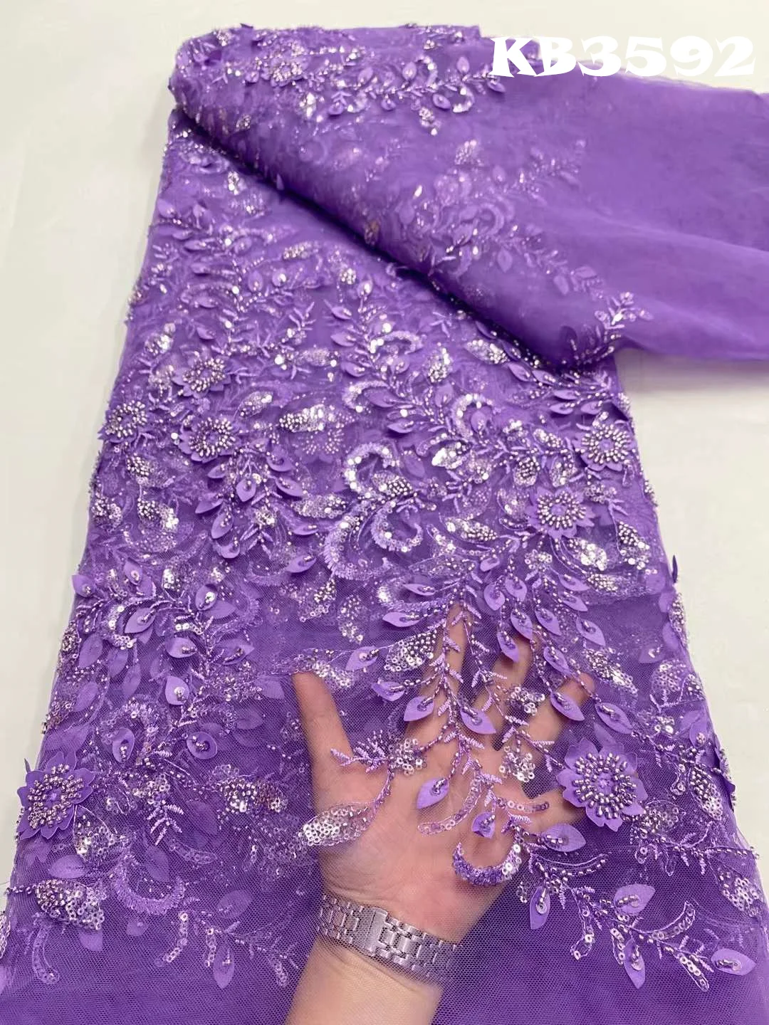 5 Yards 3D Flower Beads Embroidery Lace African Fabric Lace High Quality 2025 Sequins Lace Fabric For Wedding Party Dress KB3592