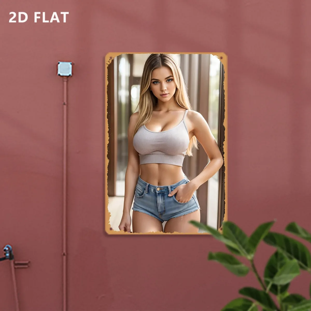 Retro Style Highlight! Blonde Woman Metal Tin Sign (8x12Inch): Sleeveless Top & Denim Shorts, 2D Flat, Durable, Great for Home