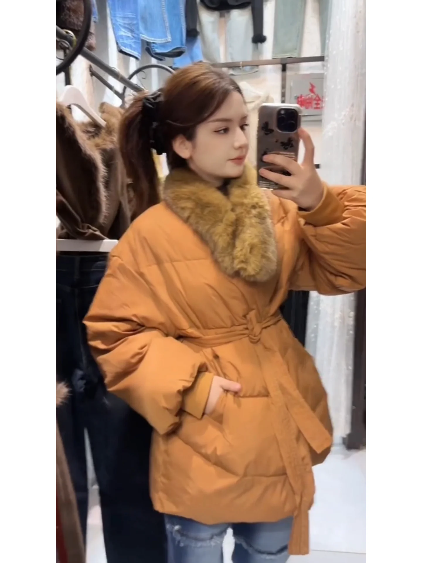 Jaet de plumón de longitud media para mujer coreana Sle con cuello de piel abrigo cálido que se pega a la cintura cuello de piel grande tamaño Cact