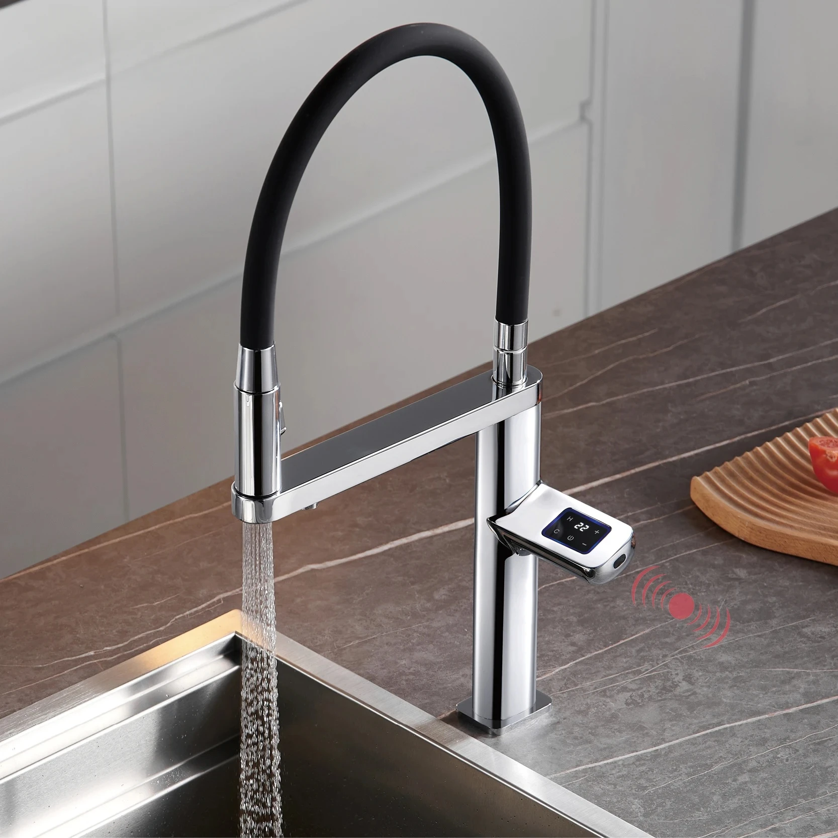 

Brass Gun Gray Sensing Kitchen Faucet Display Touch Switch Hot&Cold Pull-Out Purified Water 2 Function Sink Tap