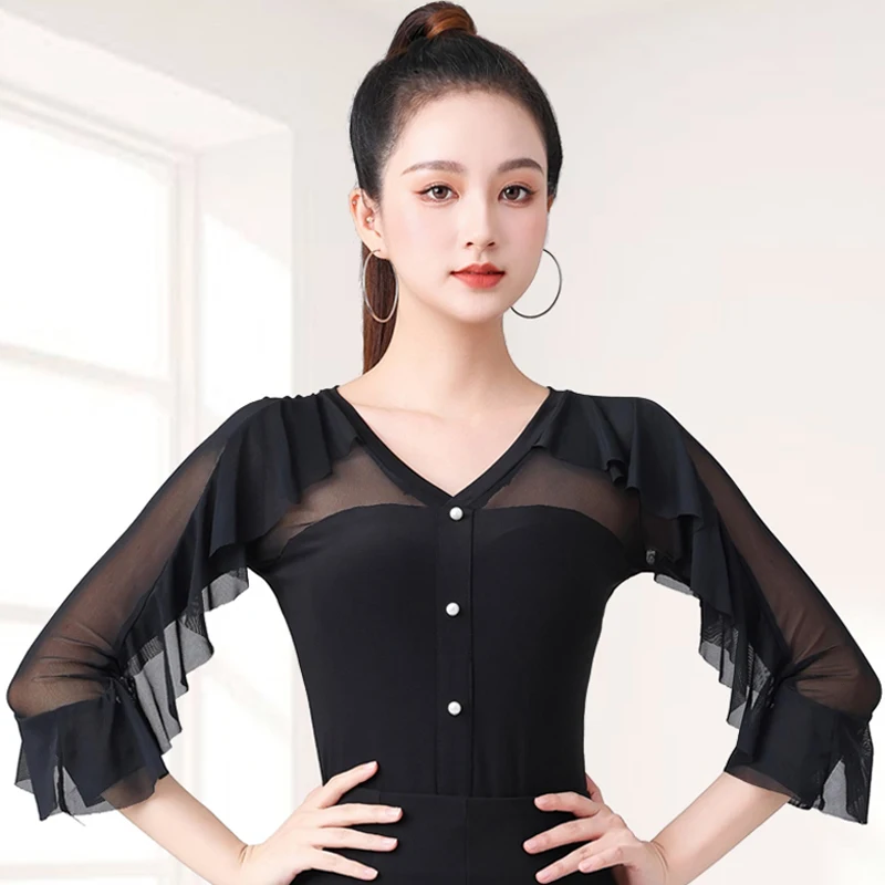 Haut de danse de salle de bal noir à manches à volants pour femmes, Rumba Tango, haut de danse moderne pour adultes, vêtements d'entraînement de danse latine DW10814