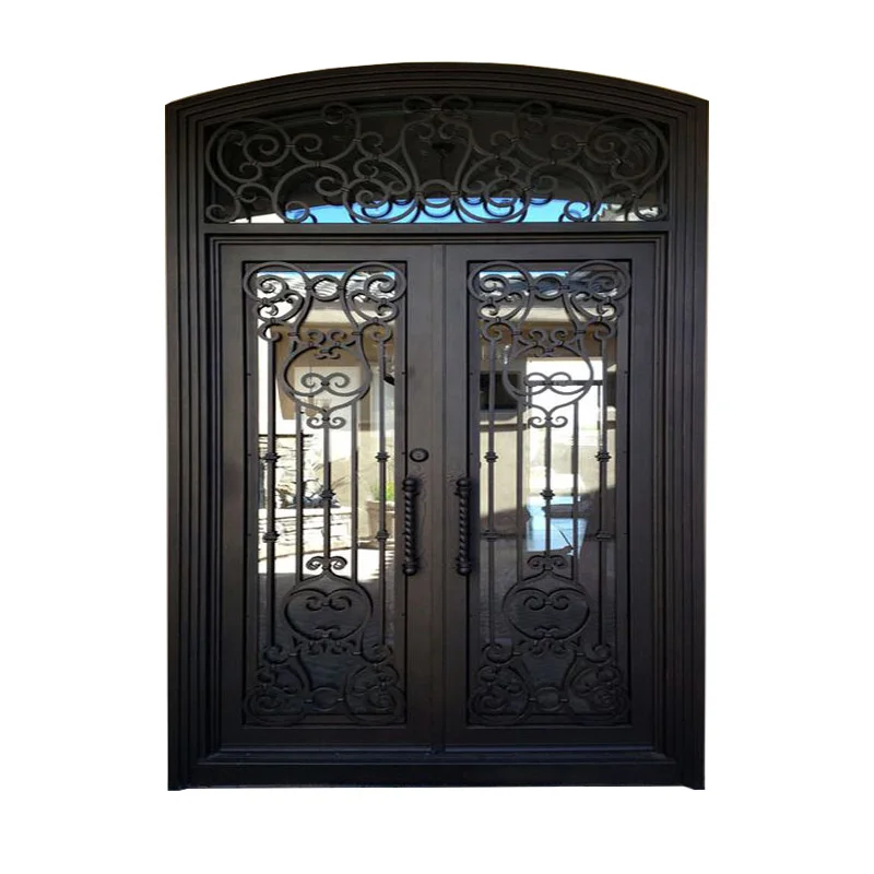 Puerta de Hierro de tamaño personalizado, Exterior de lujo, frontal de hierro forjado, vidrio templado, varios estilos, resistente y duradero, hogar