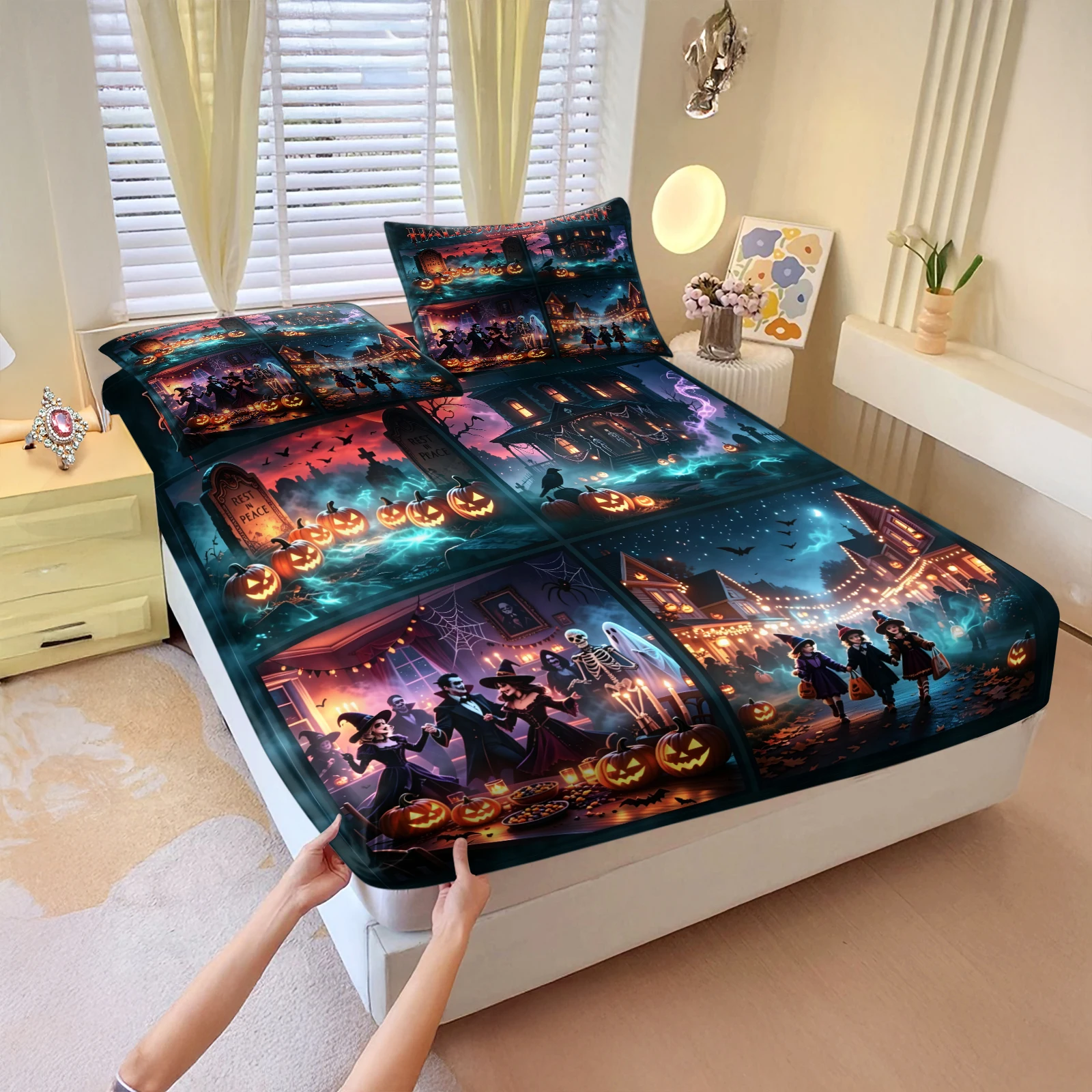 Halloween Night Patchwork Fitted Sheet Set Pumpkin Ghost Witch Skeleton Bat Print Bed Sheet with Pillowcase Elastic Deep Pocket