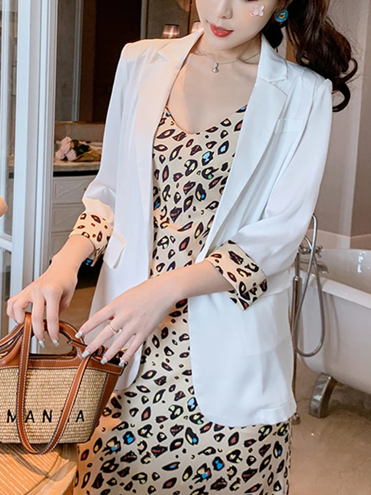 2023 Summer Casual Elegant 2 Piece Sets Women Acetate White Suit Blazer Mujer Strap Slip Backless Maxi Dress Fmme Holiday Office