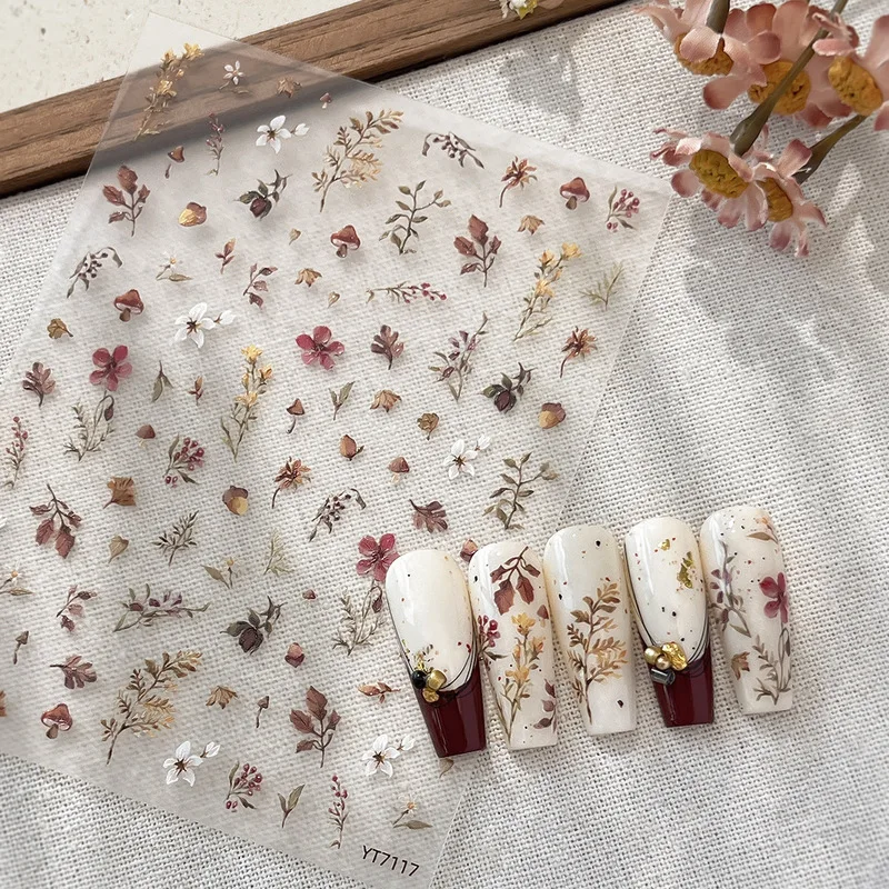 1Autumn-themed watercolor nail art stickers featuring dried leaves and flowers | Inlay，Self-Adhesive，Polypropylene material，Suit