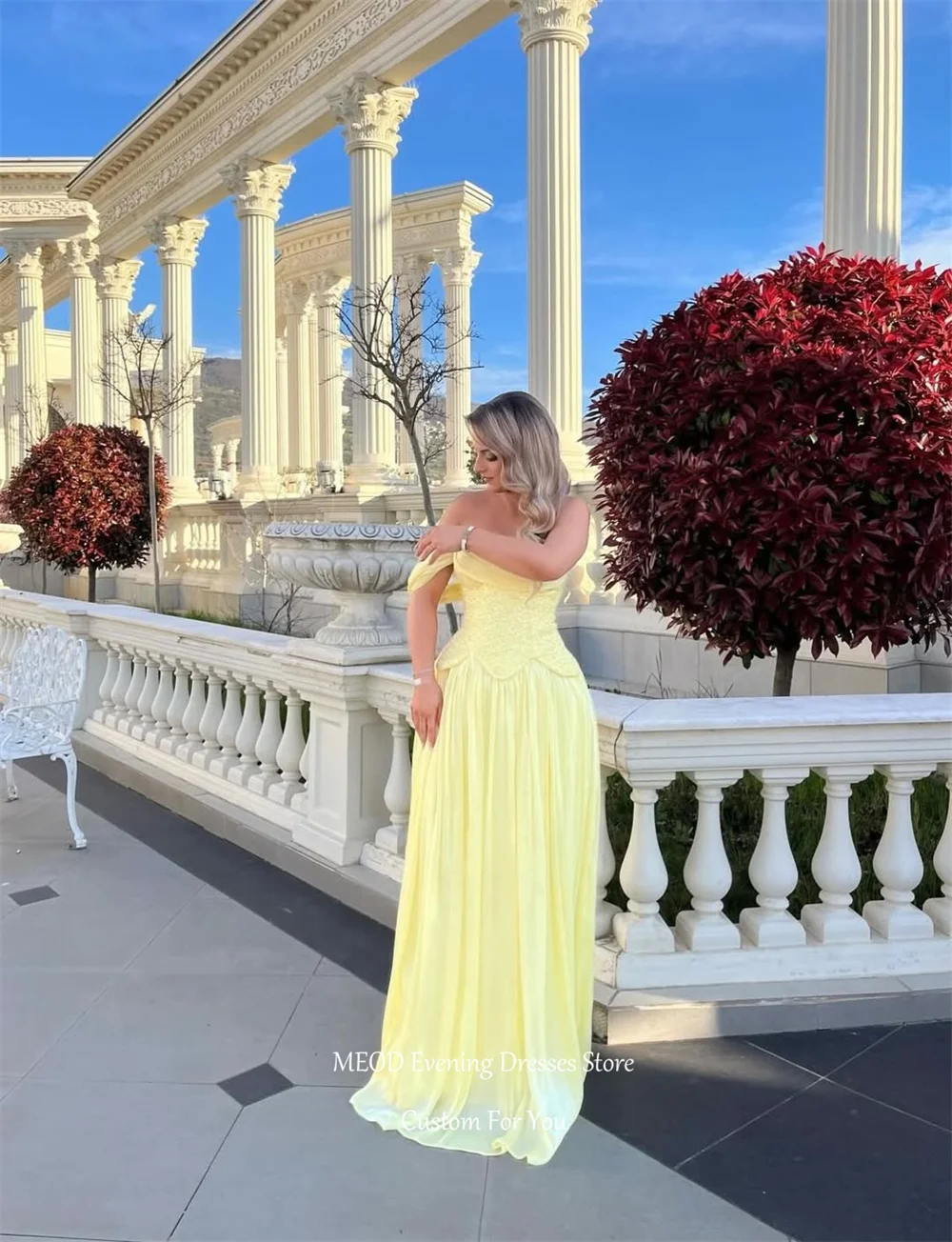 Vestido de noche MEOD Graceful Yellow A Line para mujer, vestido vintage con escote corazón, vestido de novia de un solo hombro, personalizado