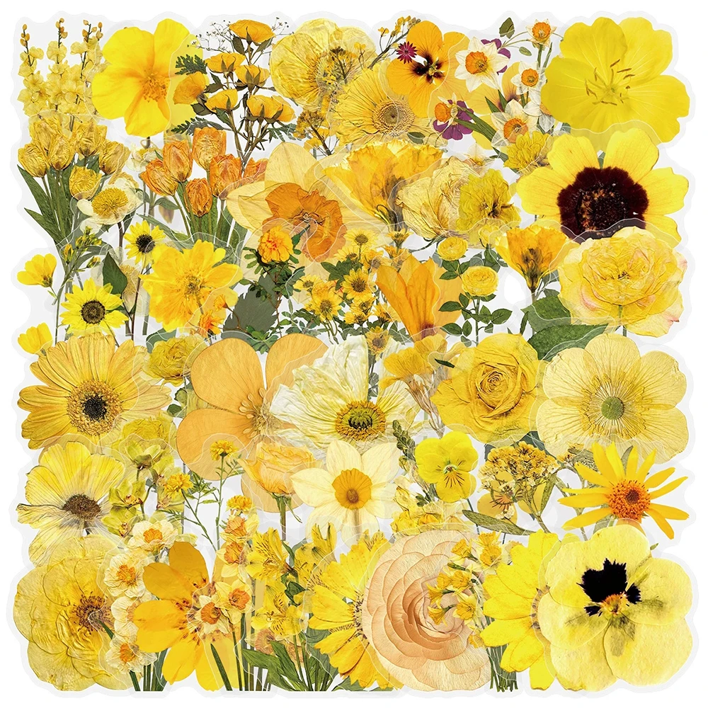 10/30/50pcs Transparent Yellow Embossed Floral Stickers Aesthetic Plant Flowers Decals DIY Skateboard Phone Guitar Sticker Decor