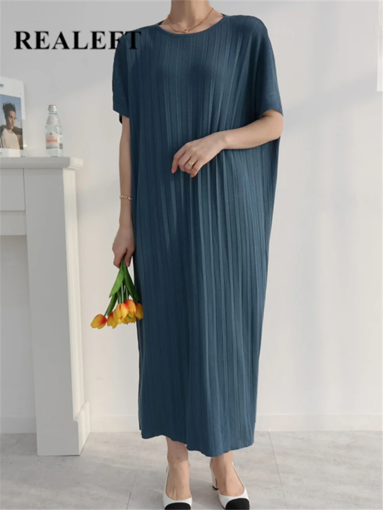 

REALEFT Summer Women's Pleated Knitted Long Dresses Sashes High Waist Short Sleeve New 2023 Loose Korean Straight Dresses Female