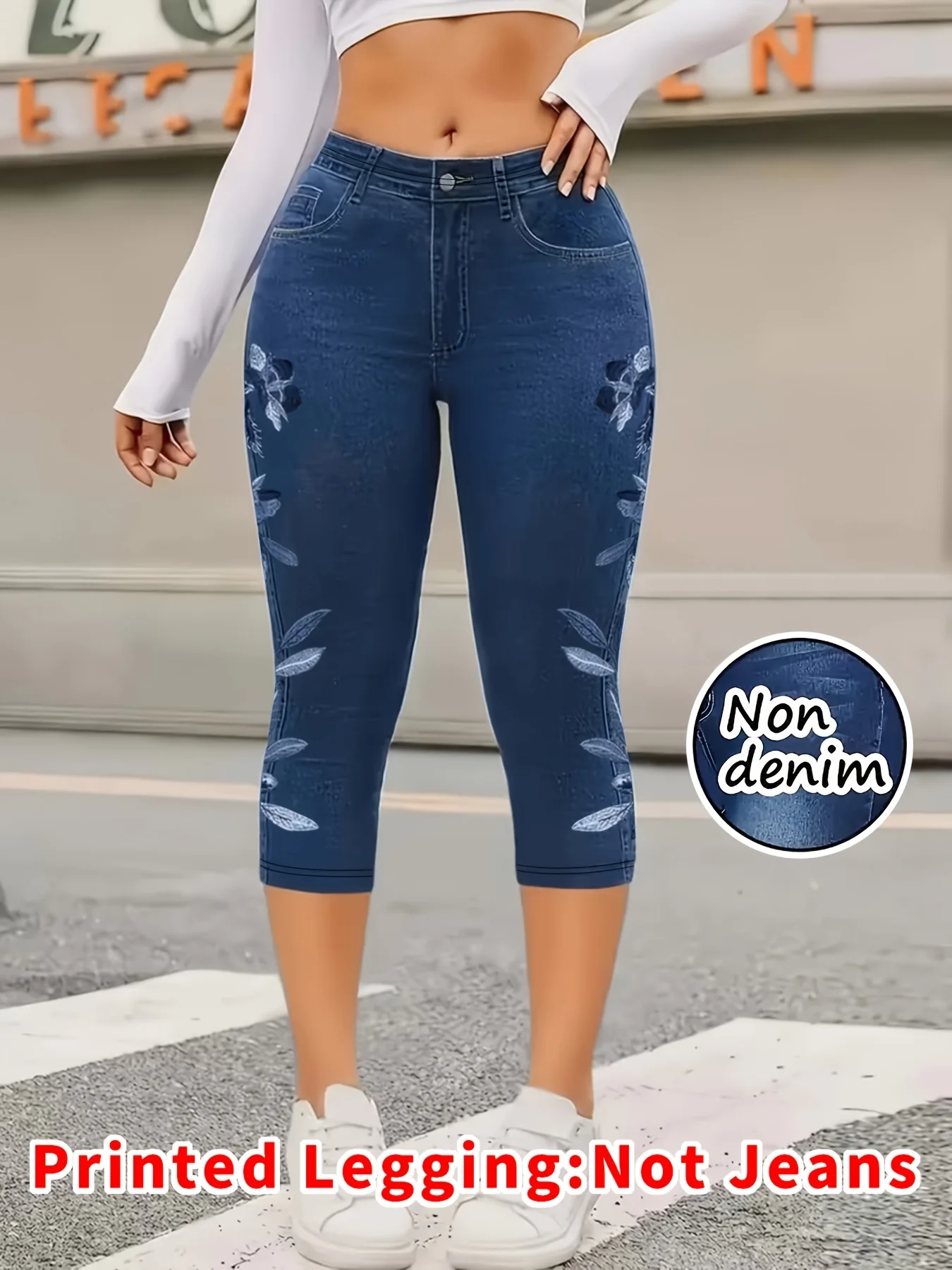 Printed Leggings, Not Denim Fabric, Fake Pocket & Button Print Capri Pants, High‑Stretch New Fashion Skinny Pants