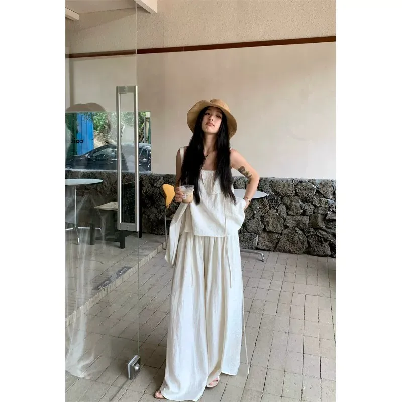 

Women White Linen Two Piece Set Summer Outfit Camisole Top Wide Leg Pants Casual Boho Suit 2 pieces long trouser korean Palazzo