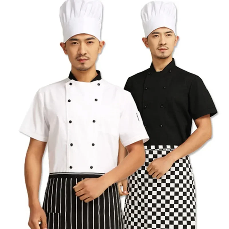 

New! Summer Short-sleeve Breathable Double-breasted Restaurant Food Service Chef Jacket Kitchen Chef black and white Uniform