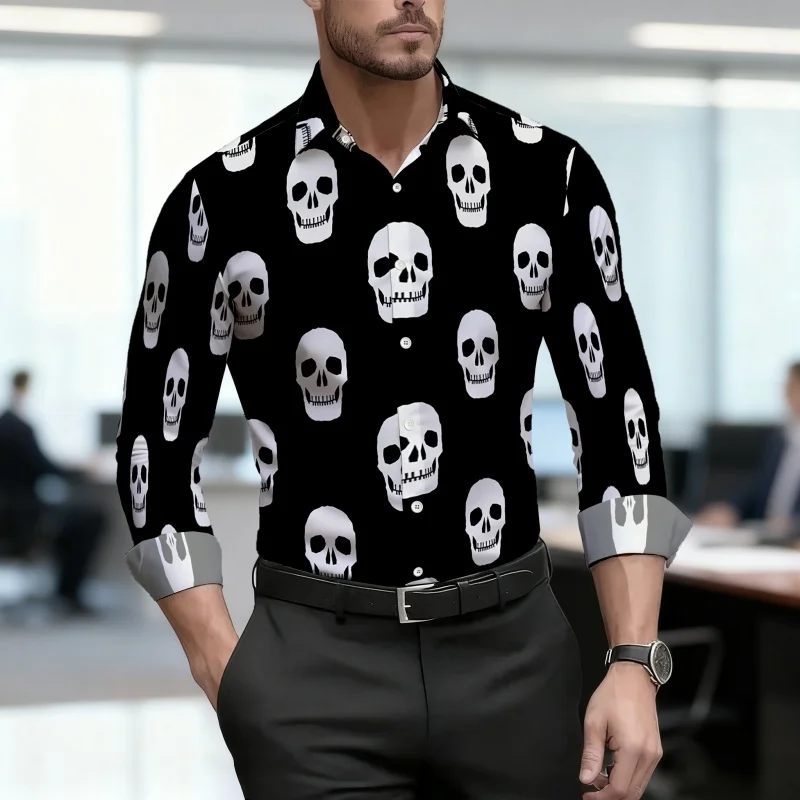 2026 new men's shirt personalized skull print black long sleeved design European and American street fashion men's XS-6XL