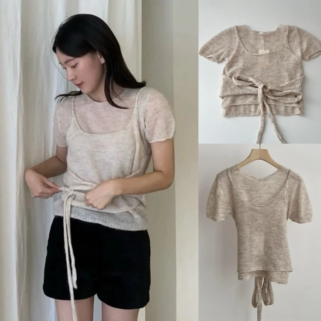 

Monoha Knitted Short Sleeve Vest And Waist Belt Set Women's Fashionable Layering Design Sensation Semi-Transparent Autumn Wear
