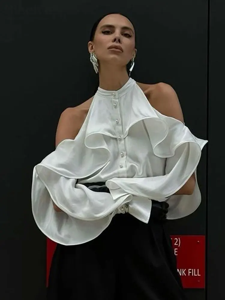 

GACVGA Sexy Loose White Women's Blouses & Shirts Fashion Halter Off Shoulder Long Sleeve Top Elegant Classic Ruffle Shirts