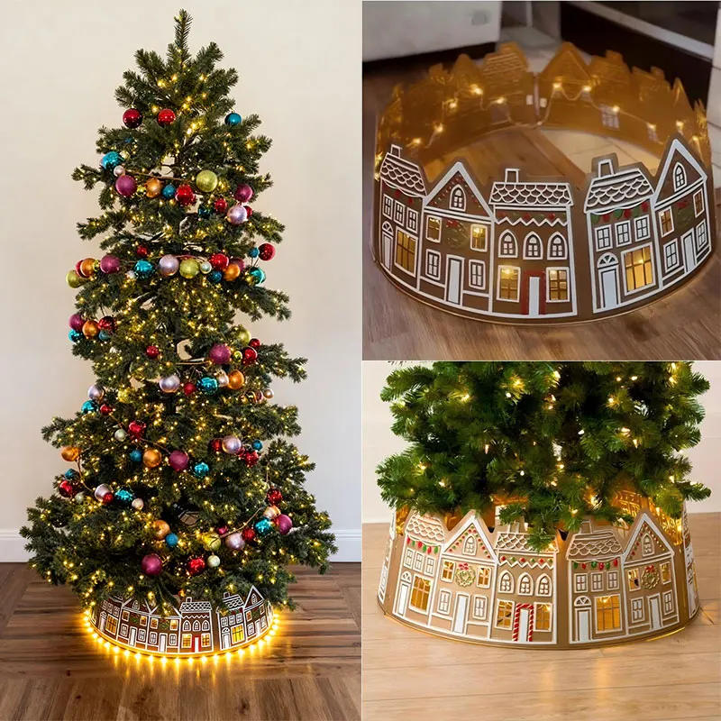 Christmas Tree Collar with Built in Lights LED Christmas Tree Collar Skirt Gingerbread House For Holiday Home New Year Decorates