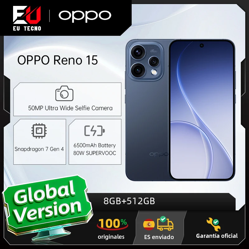 Versión europea del smartphone OPPO Reno15 5G 8 GB + 512 GB azul, Snapdragon 7 Gen 4, 6500 mAh, 80 W, 6,59 pulgadas, cámara OIS de 50 MP, garantía oficial.