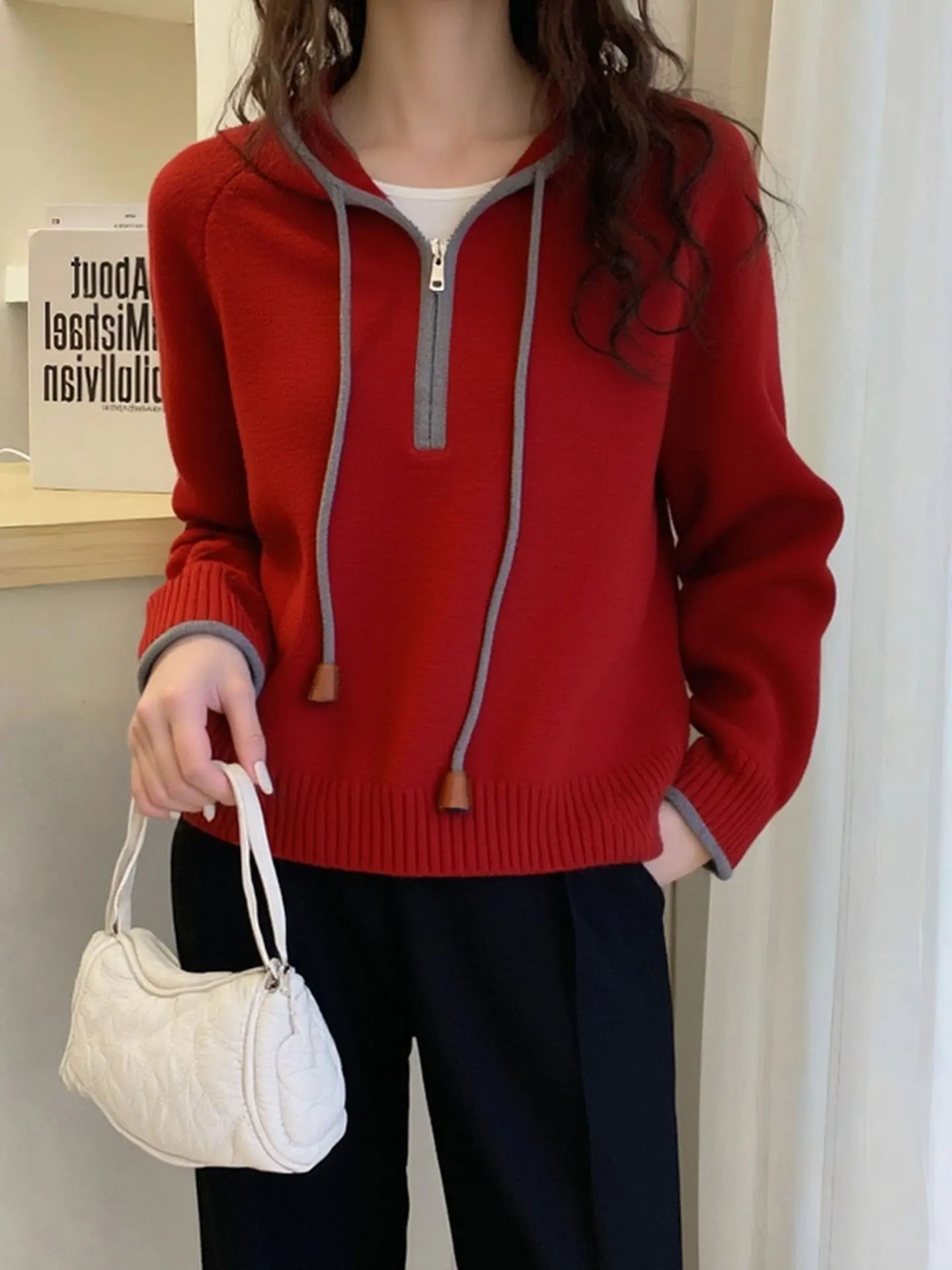 Felpa con cappuccio lunga rossa di Capodanno Sve Camere maglione lavorato a maglia da donna sciolto pigro Sle inverno top caldo termico versione coreana