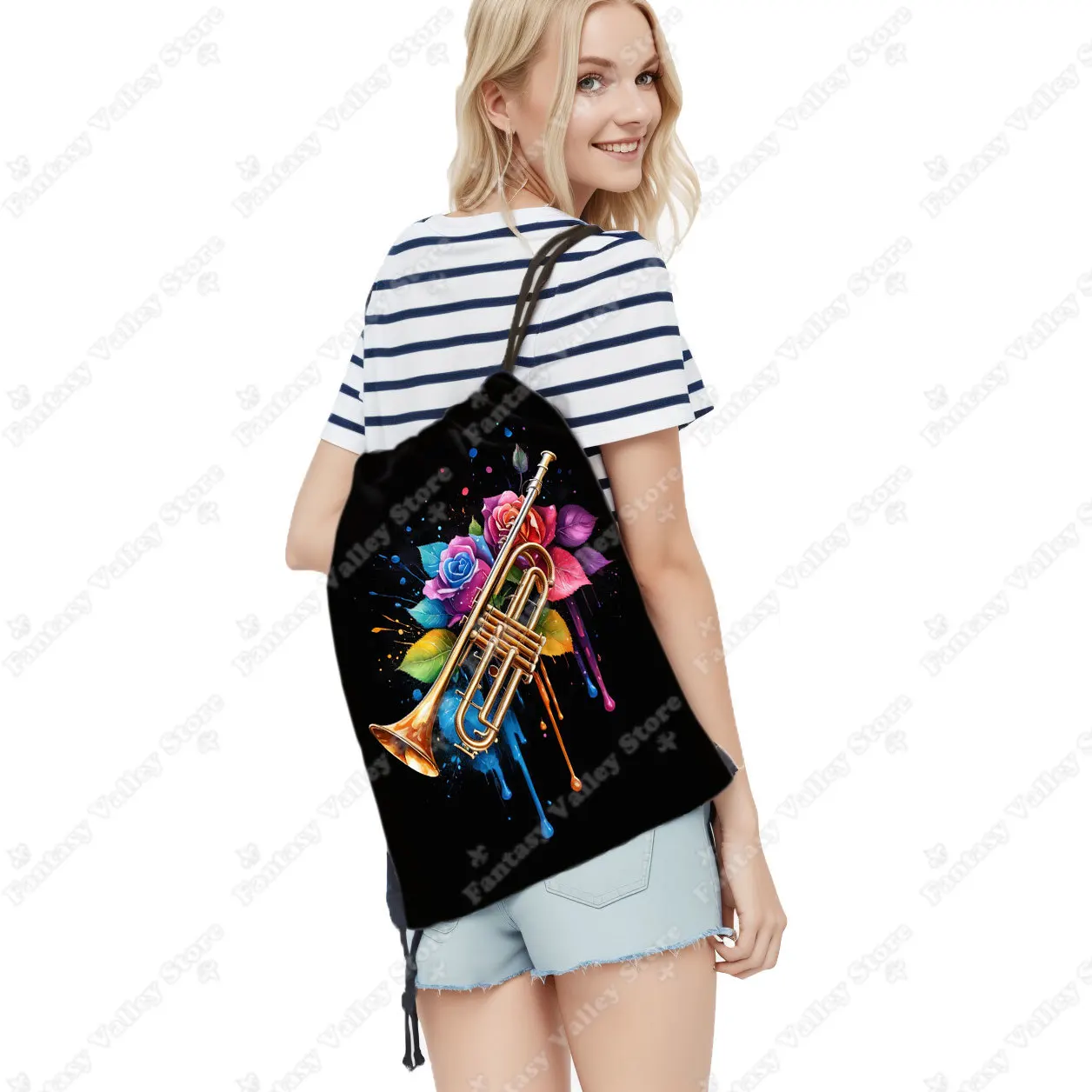 Watercolor Musical Instruments Flowers Pattern Backpack for Travel Piano Drums Violin Saxophone Drawstring Bag Shoe Holder