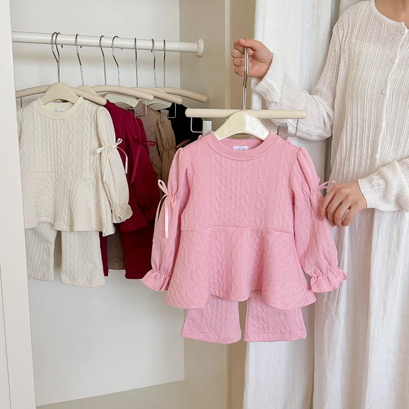Girls' Sets 2026 Spring Autumn Knitted Two Piece Set Long Sleeve Top Bell Bottom Pants Set Baby Children's Clothing Solid Color 6