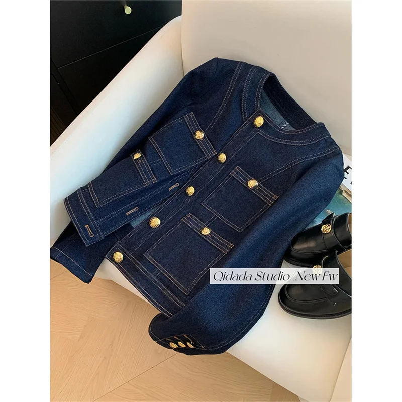 Blue Round Neck Small Fragrant Denim Jacket 2025 New Style For Women's Spring Autumn High-end and Short Retro Loose Temperament