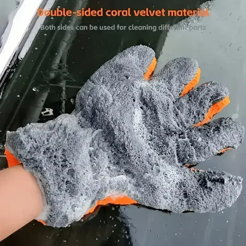 1/2pcs Double-Sided Coral Fleece Car Cleaning Gloves Cratch-Free Wash Mitts Five-Finger Design For Car Glass Wheels Cleaning view 3