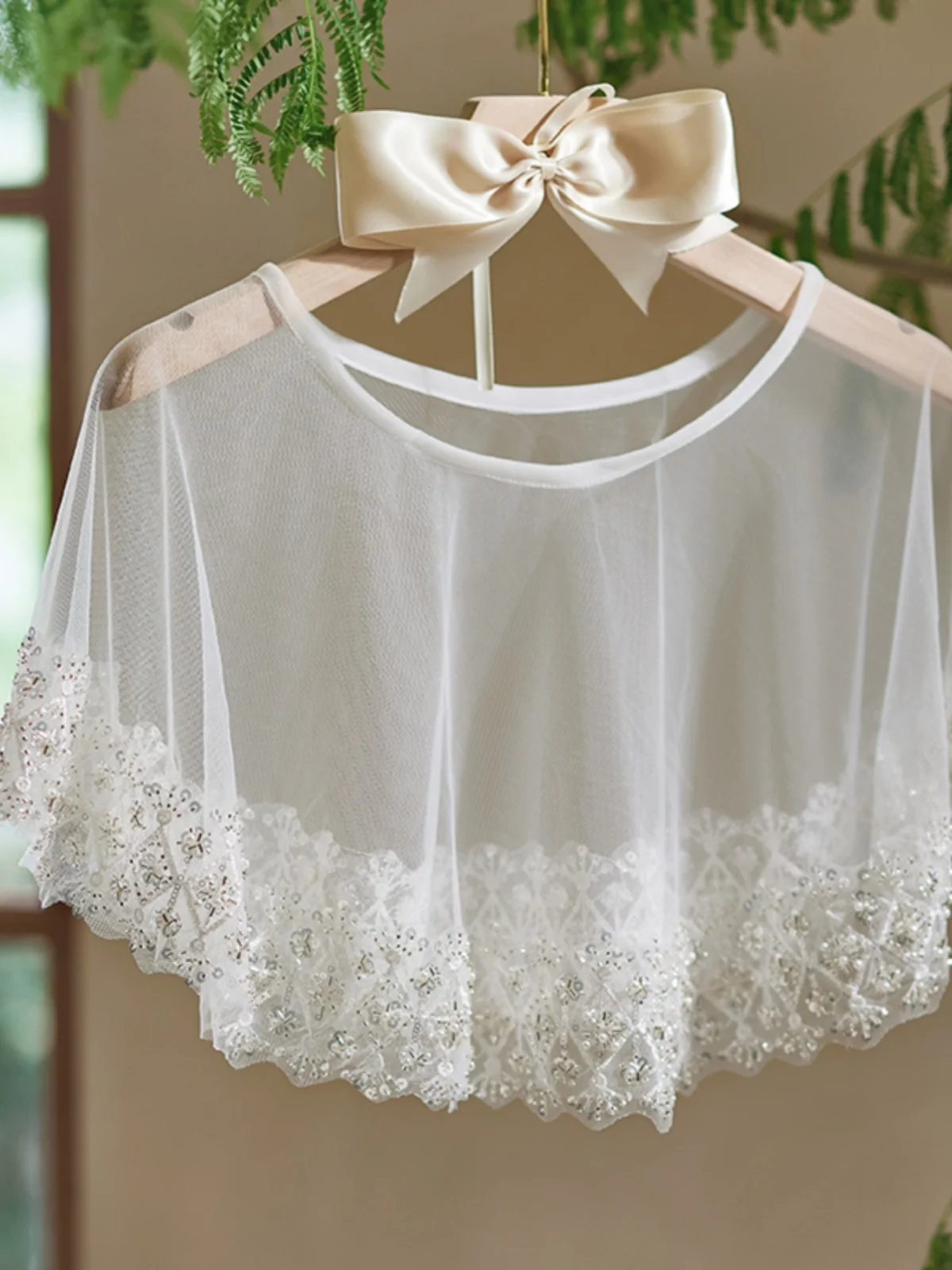

New Ultra-Fairy Mesh Shawl Versatile Handmade Bead Embroidery Cape Matching Strap Crop Top Outerwear Short Loose Fit Polyester