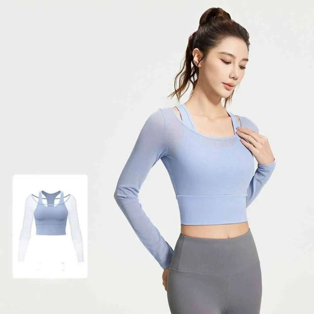 

Long Sleeved Fitness Yoga Top Fixed Chest Pad Mesh Splicing Yoga Shirts Breathable Slimming Design Women Sports Top
