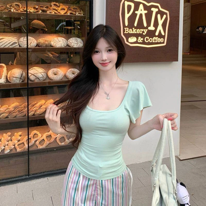 T-shirts Women Slim Hotsweet Clubwear Fashion Summer High Street Holiday Chic Solid Feminine Korean Style All-match Casual Tees