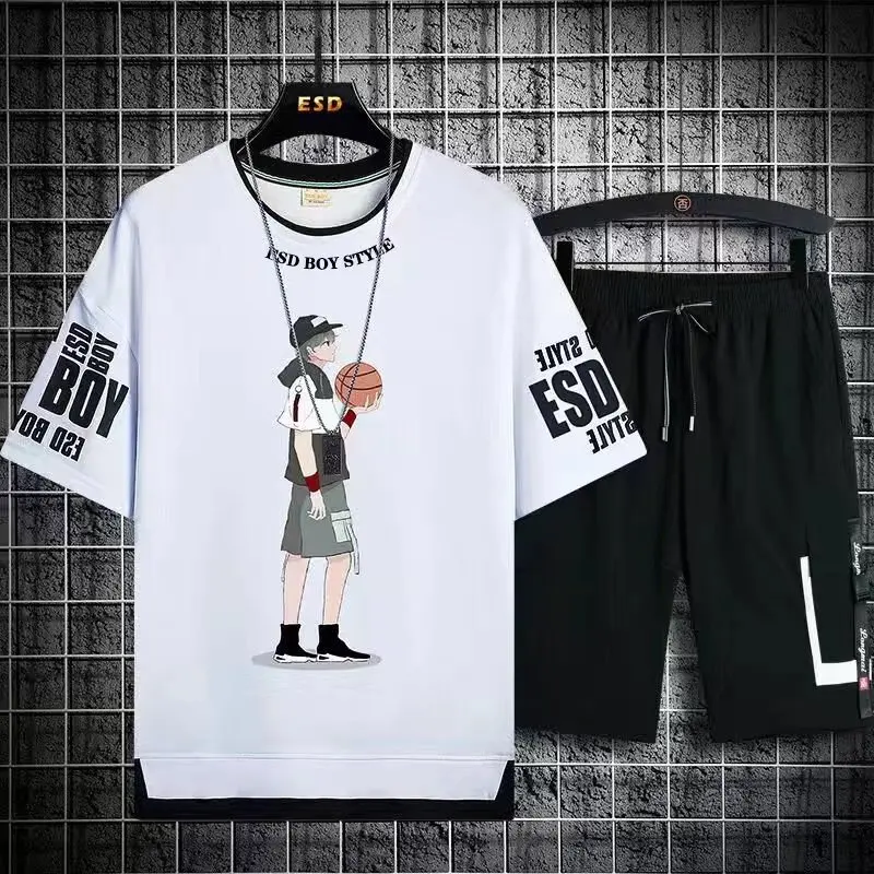 Boy Set Summer Youthful Vitality Clothes for Men Fun Printed T-Shirt Big Pocket Cargo Shorts 2 Piece Set Korean Style Streetwear