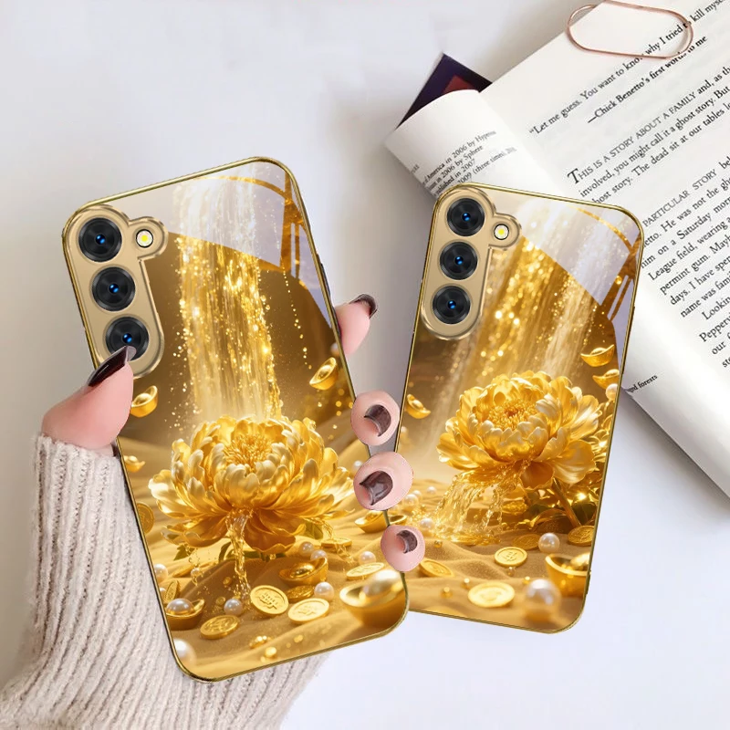 Capa de celular de vidro dourado com flor de peônia e pérolas para Samsung Galaxy S26 S20 FE S21 S22 23 Plus S24 Ultra S25 Ultra S21+ S22 Plus