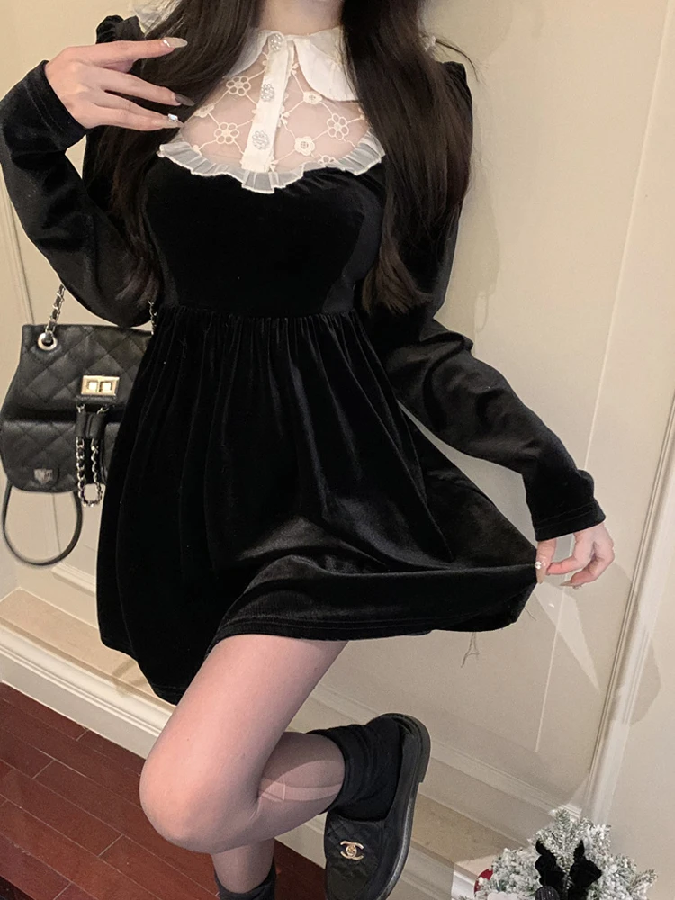 

French Preppy Style Elegant Mini Dress Peter Pan Collar Splicing Lace A-Line Full Sleeve Black Velvet Dresses For Women