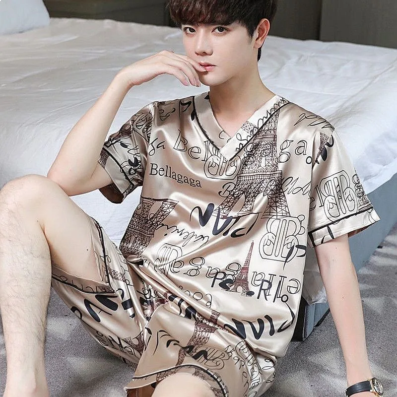 

Pajamas Men Ice Silk Thin Short Sleeve Two Piece Set Korean Loose Fit Large Size Home Clothing with Letters