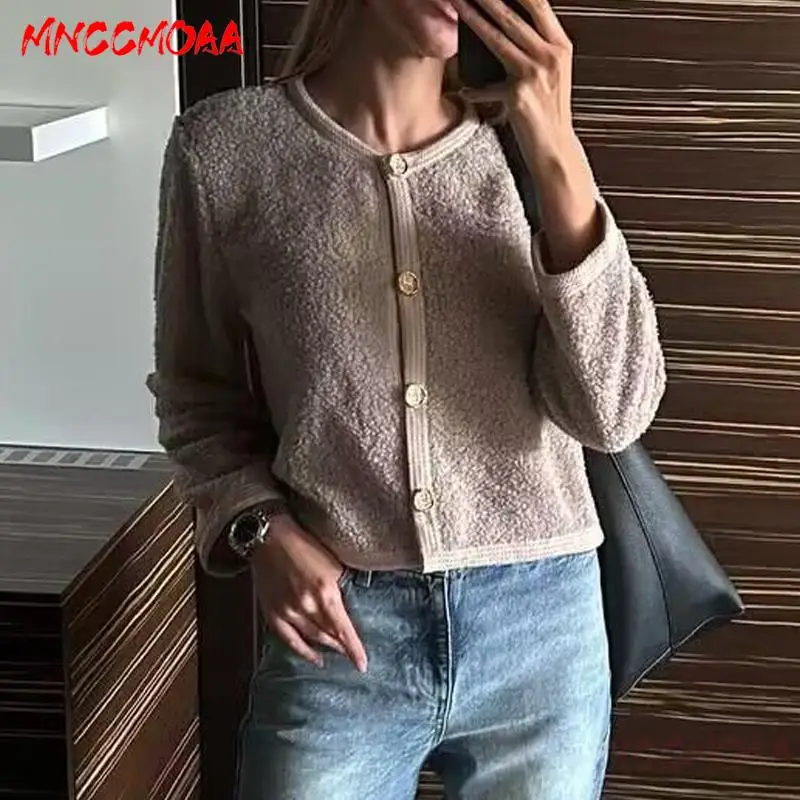

MNCCMOAA 2024 Autumn Women Fashion Loose Round Neck Button Knit Sweater Cardigan Female Solid Color Casual Long Sleeve Outerwear