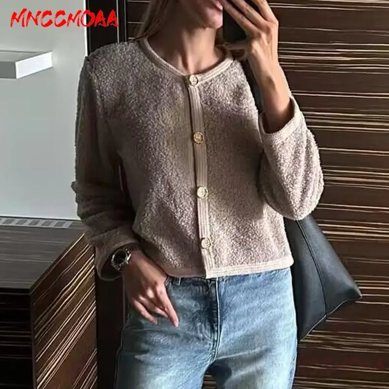 MNCCMOAA 2024 Autumn Women Fashion Loose Round Neck Button Knit Sweater Cardigan Female Solid Color Casual Long Sleeve Outerwear