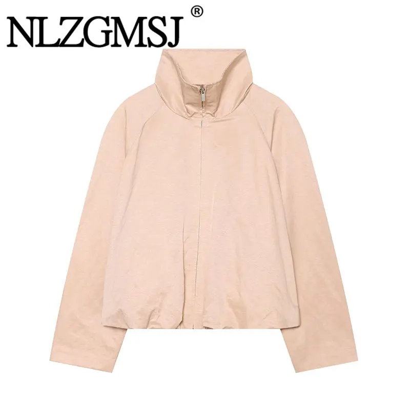 Nlzgmsj 2026 Autumn Solid Women Jacket Stand Collar Zip Up Long Sleeve Loose Fit  Windbreaker Casual Outer Coat