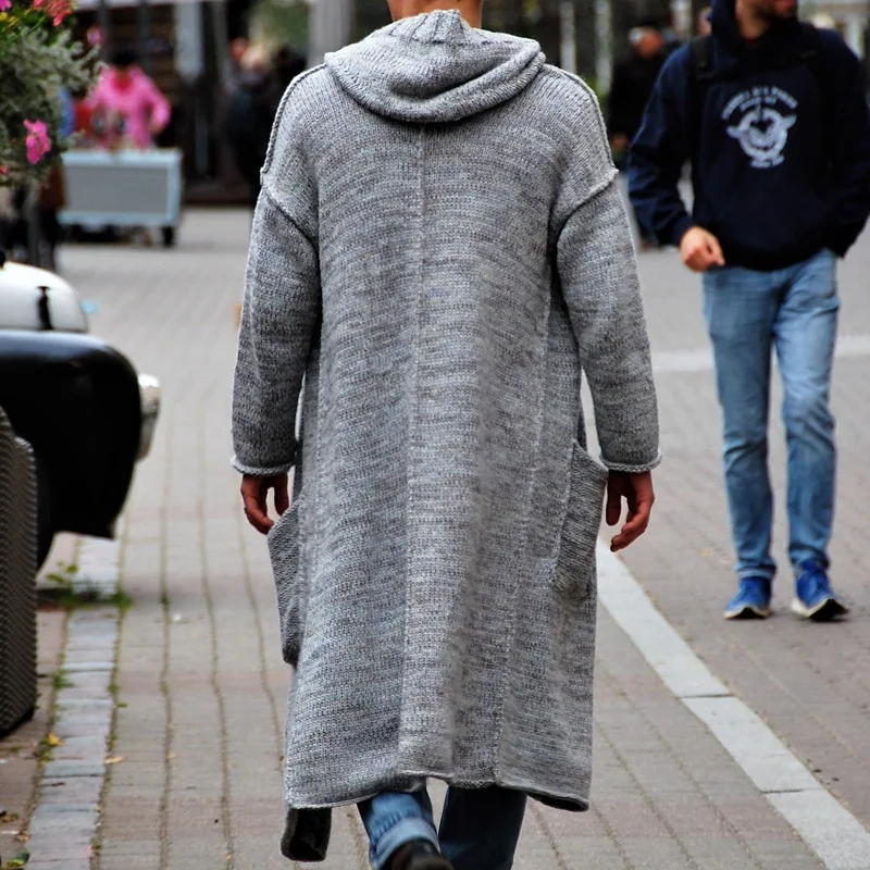 الذكور الخريف الشتاء رمادي سترة Sweatercoat خليط جيوب طويلة فضفاضة ملابس خارجية كم كامل الرجال تريكو مقنعين معطف غير رسمي