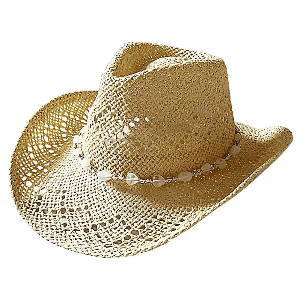 Summer Straw Hat Hollow Out Foldable Adjustable Bead Decor Curled Edge Windproof Strap Western Cowboy Style Bucket Hat