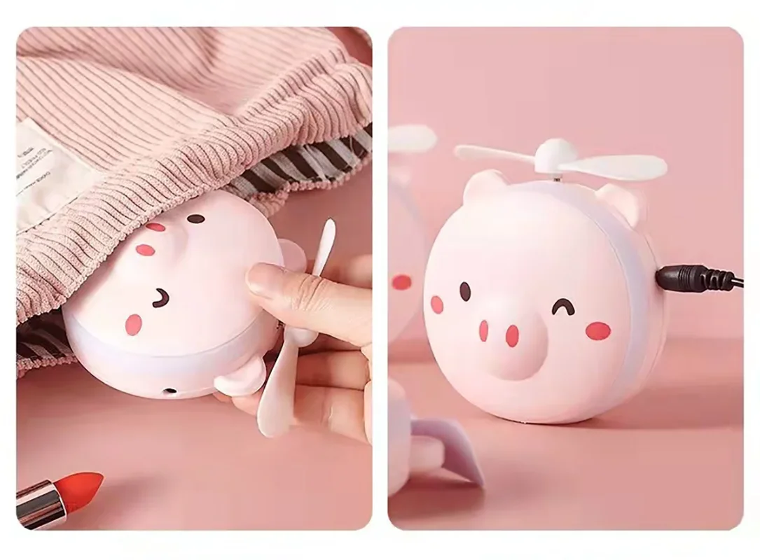 น่ารัก Piggy แต่งหน้ากระจกพัดลมมือถือขนาดเล็กพร้อมไฟ LED กระจกเครื่องสําอางพร้อมพัดลมขนาดเล็กสาว Travle พัดลมพกพา
