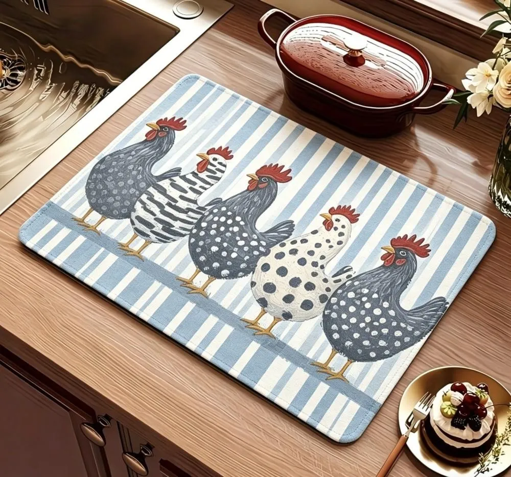 Farmhouse Chicken Dish Drying Mat Super Absorbent Kitchen Draining Mat Non Slip Coffee Bar Drain Pad Rooster Decorative Rug