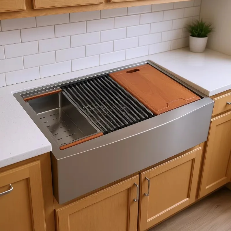 Stainless Steel Apron Front Farmhouse Kitchen Sink 33 Inch Double Bowl Multi Functional Workstation