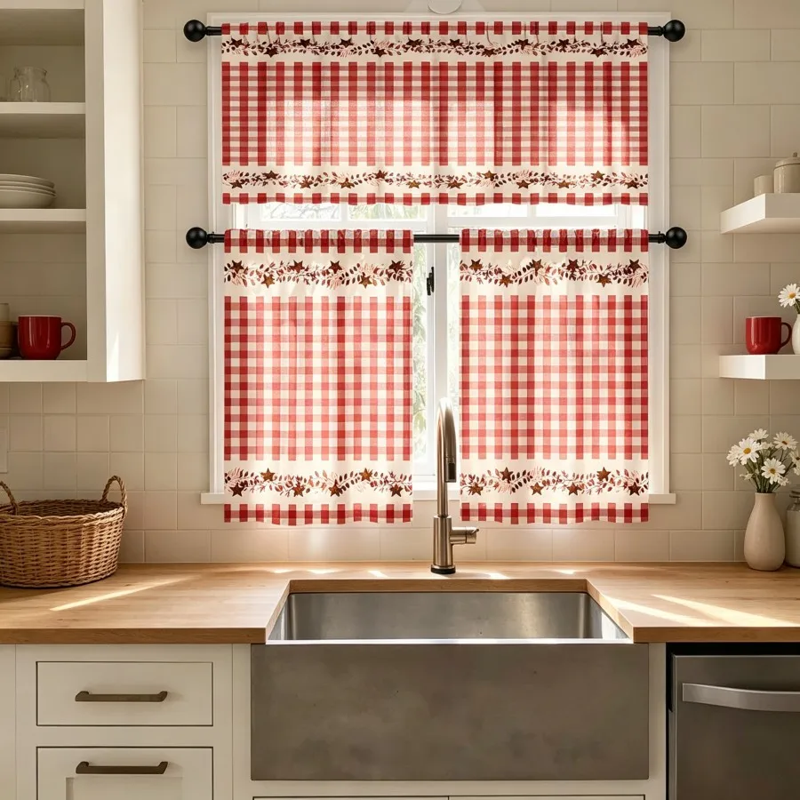 Rustic Kitchen Curtains, Red Buffalo Plaid Star Leaf, Digital Print, Kitchen Dining Room, Rod Pocket Polyester, Home Decor