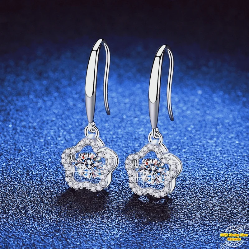 

1.0ct Moissanite S925 Silver Drop Earrings for Women Plated Platinum Plum Blossom Ear Drop Lover Gift Fashion Jewelry Wholesale