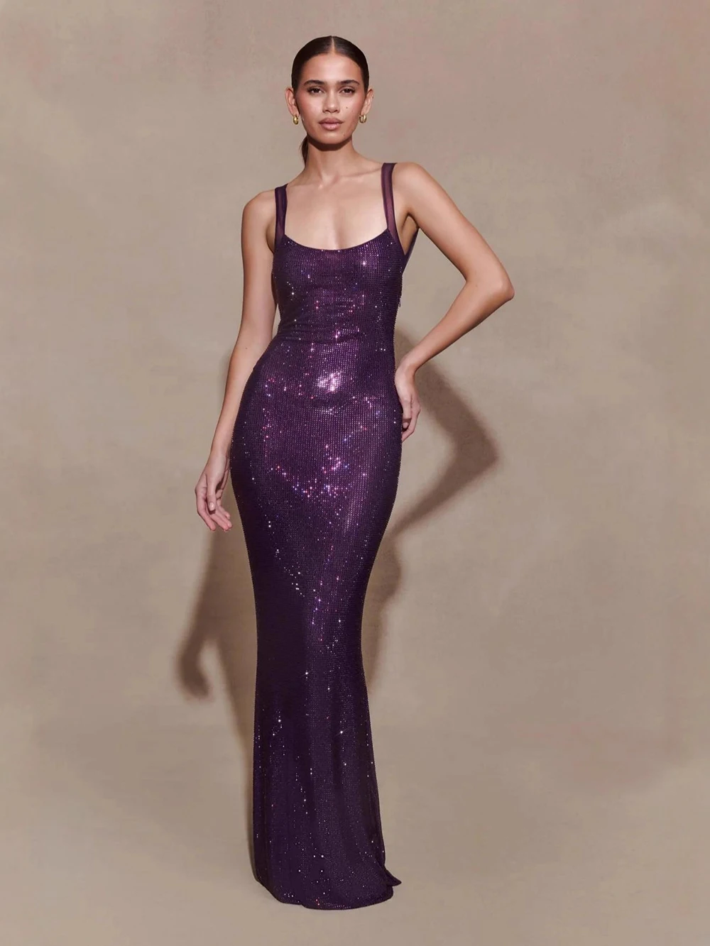 European And American Sexy Backless Long Fishtail Dress With Camisole Slim Fit Rhinestone Micro Perspective Dress Formal Gowns