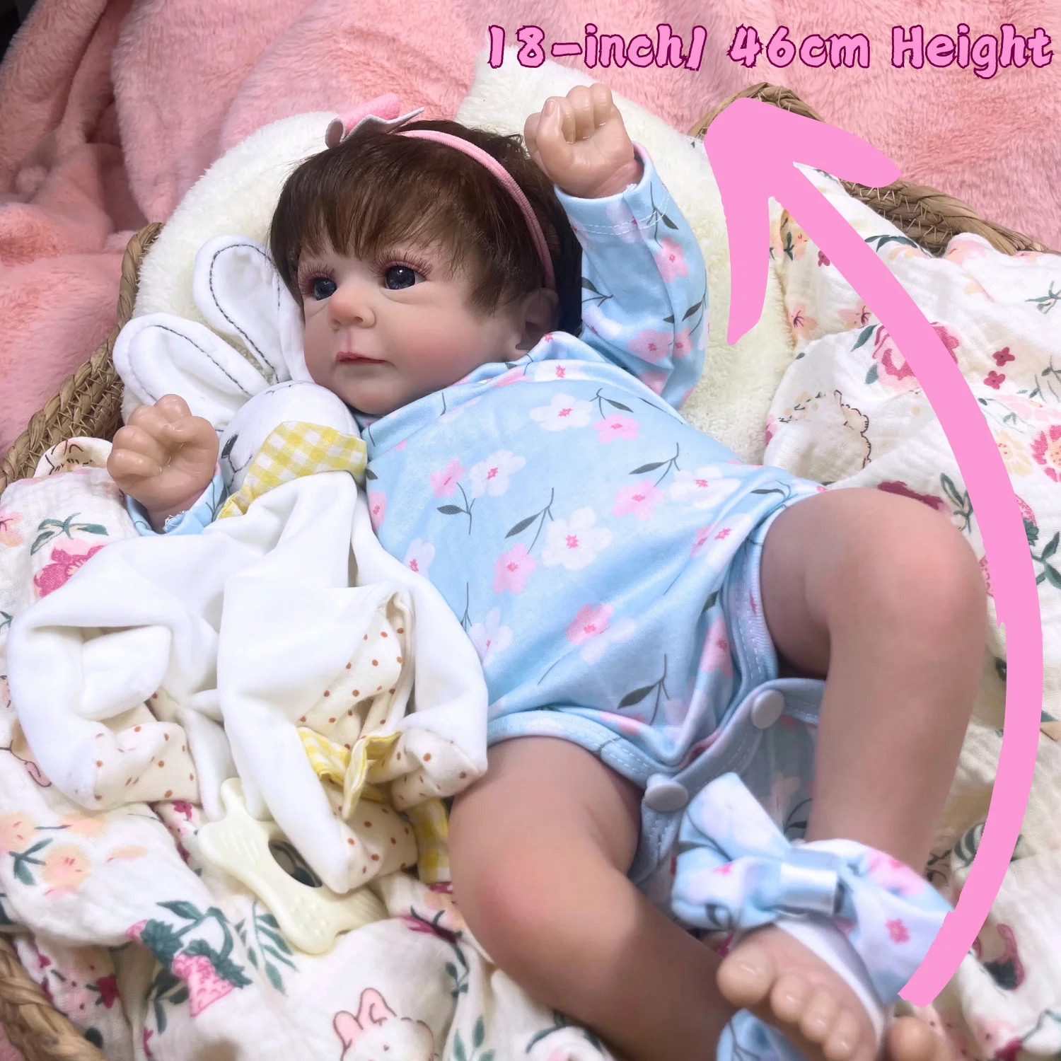 Felicia – poupée bébé Reborn de 18 pouces, nouveau-né, yeux bleus ouverts, cheveux doux enracinés à la main, ton de peau 3D, veines visibles, jouet cadeau