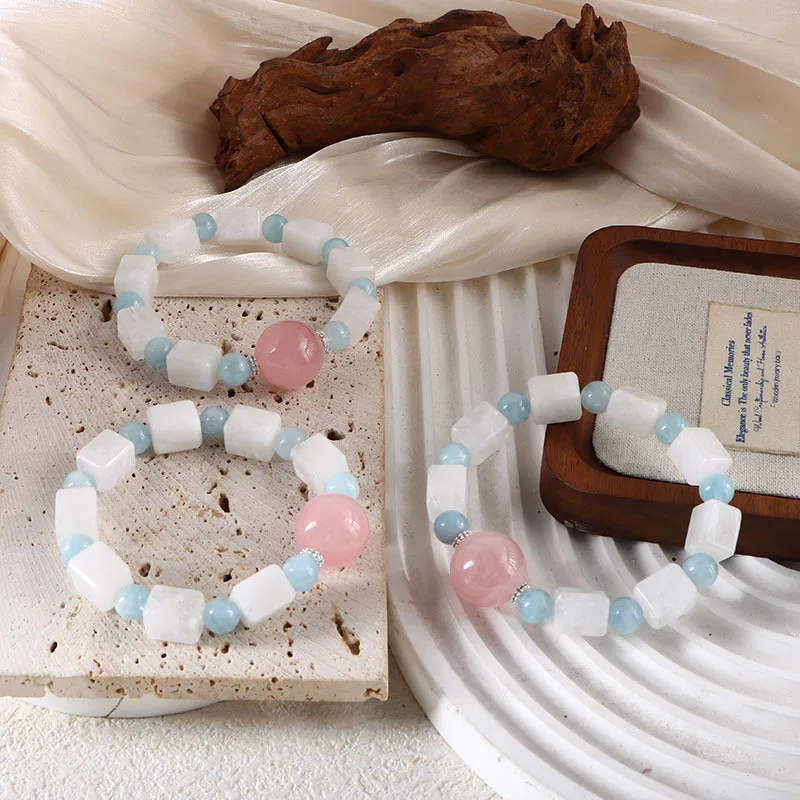 Minar Sweet 8-18mm White Blue Pink Contrast Color Natural Stone Crystal Elastic Strand Bracelets for Women Wholesale Accessories