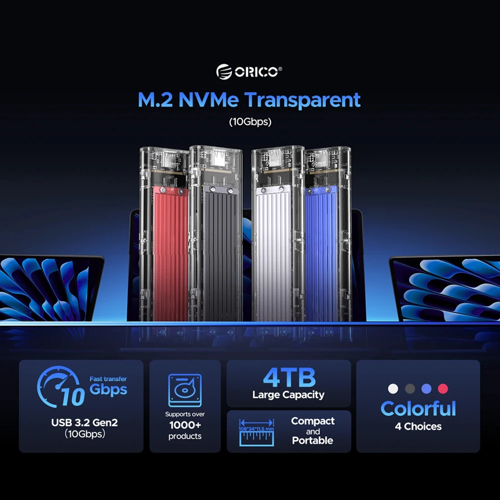 

Корпус для SSD ORICO M2 NVMe USB Type-C USB3.2 Gen2 10Gbps, прозрачный бокс-адаптер для M.2 NVMe SSD